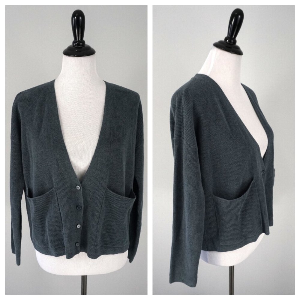 Eileen Fisher Gray Button Up V-Neck Cardigan Stretch Sweater Size XXS